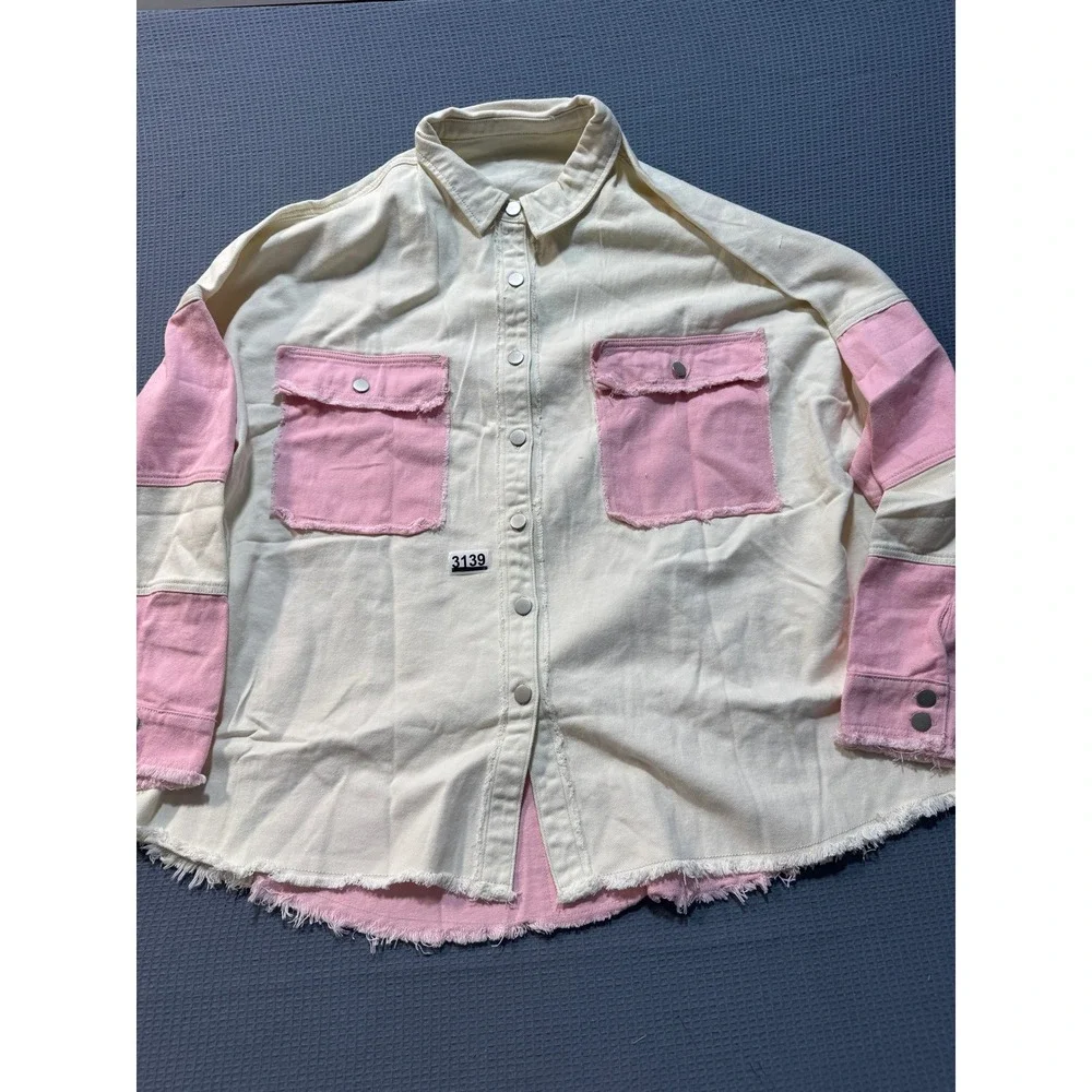 Unbranded Colorblock Denim Shacket Womens 2XL Pink Cream